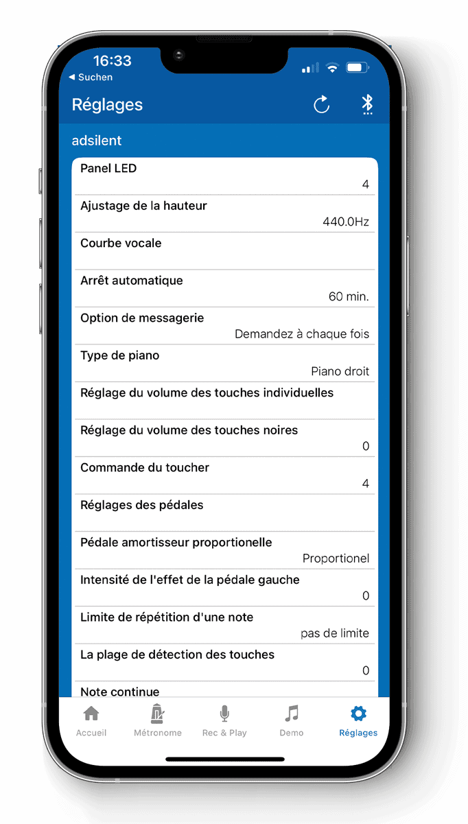 Application adsilent, écran des réglages et du métronome