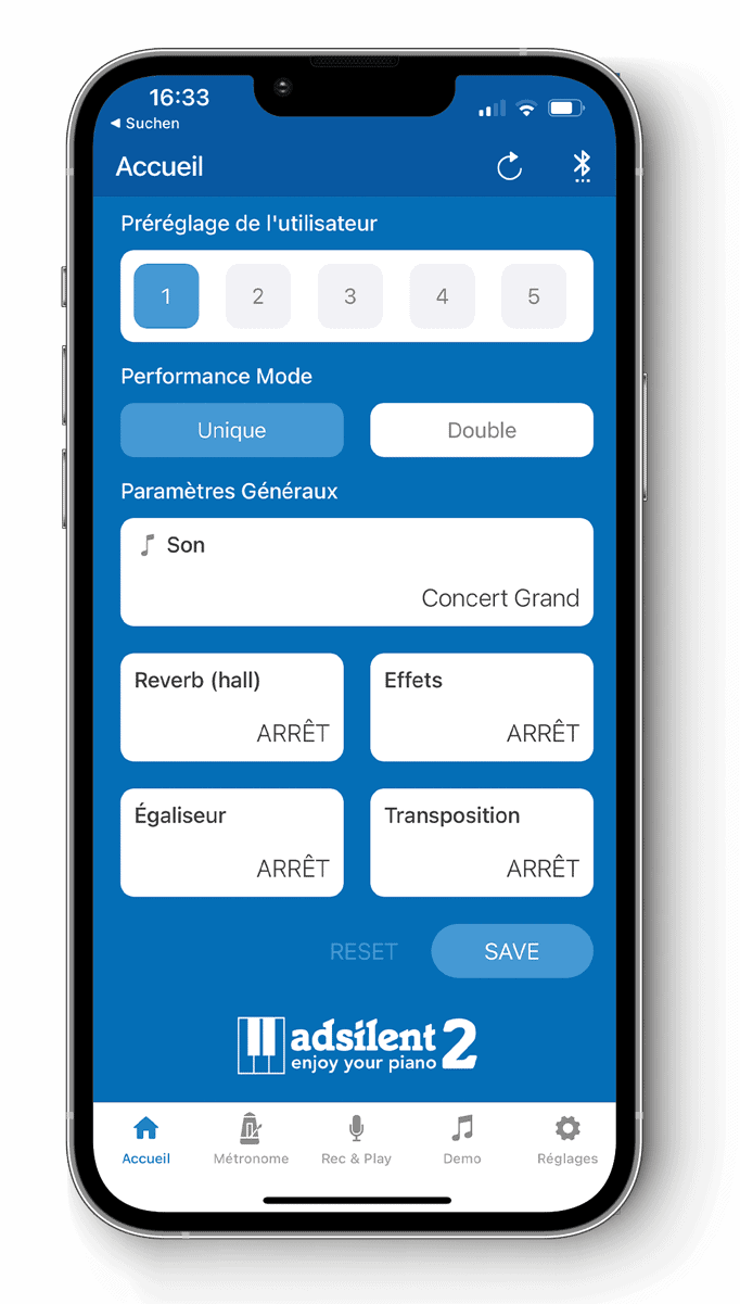 Application adsilent, écran de sélection des sons de piano